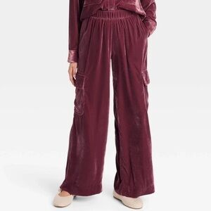 NWT Universal Thread Maroon Velvet Wide Leg Pull On Cargo‎ Pants, Size XS & XXL